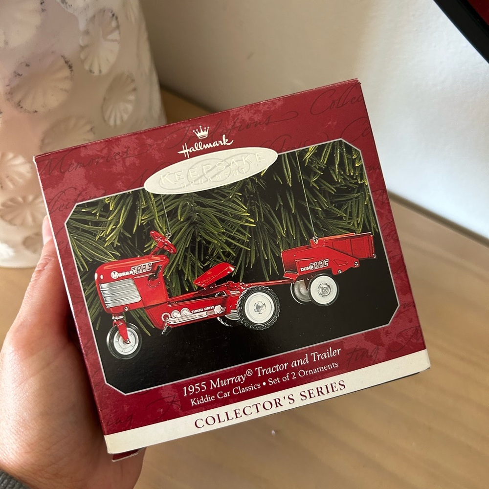 1998 Hallmark Red 1955 Red Murray Tractor and Trailer Christmas Ornament Set